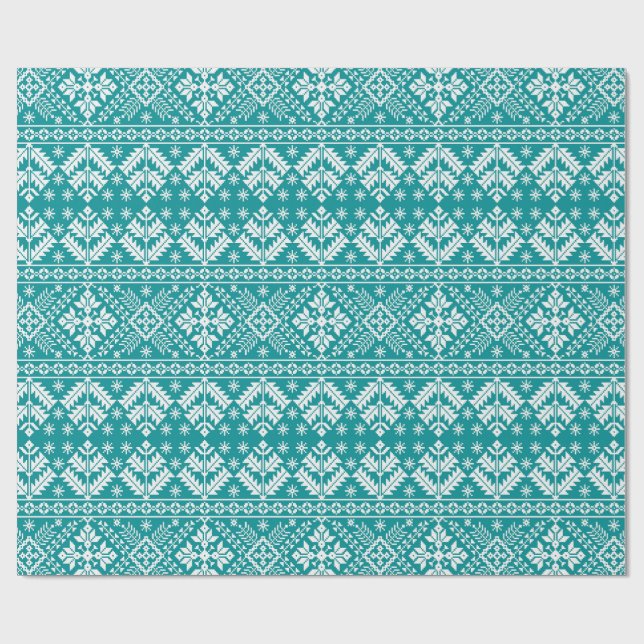 Teal Snowflake & Floral Fair Isle Christmas Geschenkpapier (Flach)