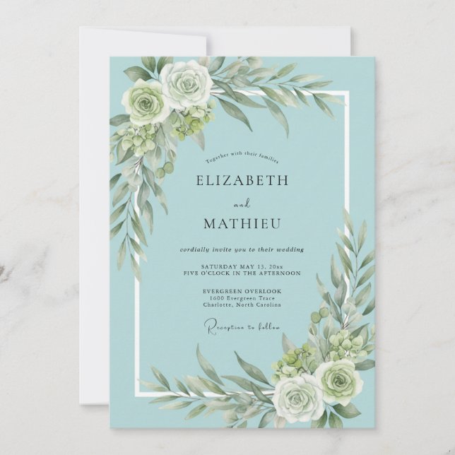 Teal Soft Blossom Hochzeit Einladung (Vorderseite)