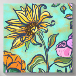 Teal-Sonnenblume & Rosen-Leinwand-Wandkunst Leinwand Fotofliese