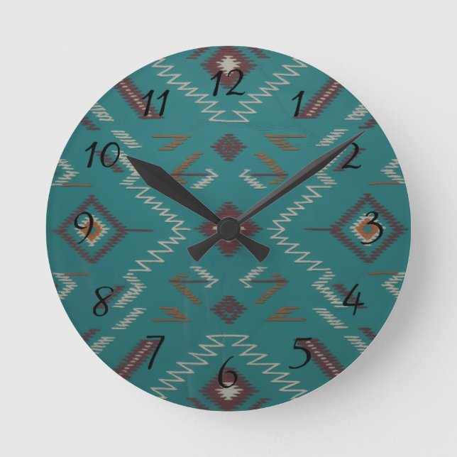 Teal Southwest Navajo Geometric Runde Wanduhr (Vorderseite)