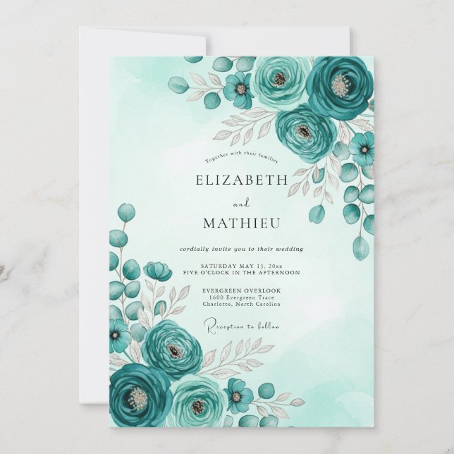 Teal Stately Botanical Wedding Einladung (Vorderseite)