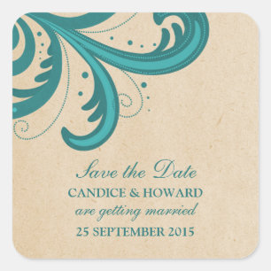 Teal stilvolle Swirls Save-the-Date-Aufkleber Quadratischer Aufkleber