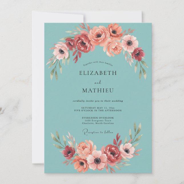 Teal strahlende Anemonen-Hochzeit Einladung (Vorderseite)