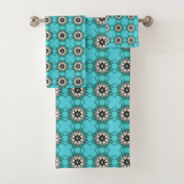  teal towels featuring a black and white geometric badhandtuch set