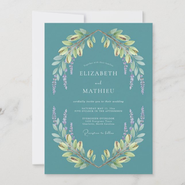 Teal Tranquile Botanische Hochzeit Einladung (Vorderseite)