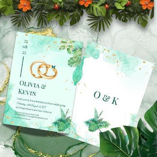 Teal Tropical Gold Monstera Wedding Invitation Einladung