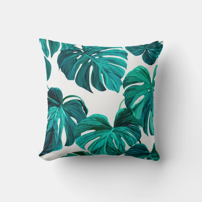 Teal Tropical Monstera Leaf Seamless Pattern Art Kissen (Vorderseite)