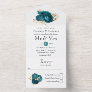 Teal - Türkis und Gold Florale Hochzeit All In One Einladung