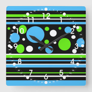 Teal Turquoise Blue Lime Green Stripes Polka Dots Quadratische Wanduhr