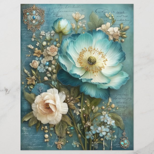 Teal Turquoise Flower Junk Journal Scrapbook Paper (Vorderseite)