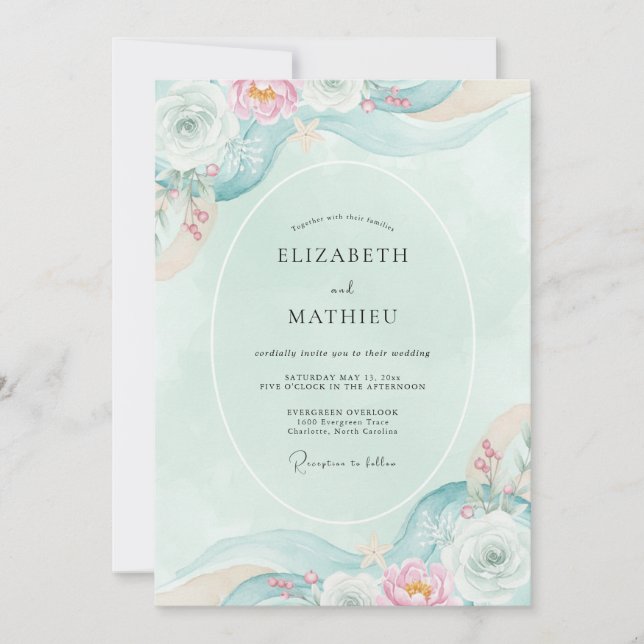 Teal Überirdische Flora-Hochzeit Einladung (Vorderseite)