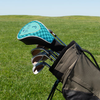 Teal- und Aquablau kariertes Monogramm  Golf Headcover