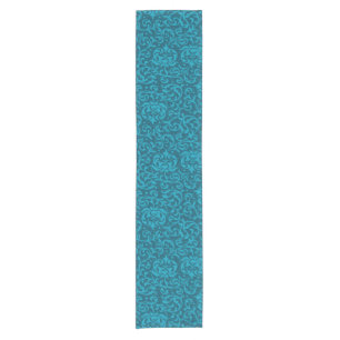 Teal- und Aquamarin-Tudor-Garten-Damask Kurzer Tischläufer