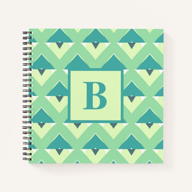 Teal- und Blau-Geometrisches Muster-Monogramm Notizbuch (Vorderseite)