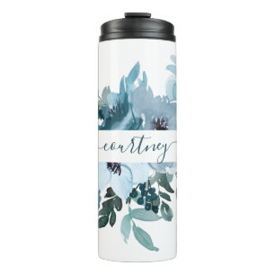 Teal- und blaue Wasserfarbe floral personalisiert Thermosbecher