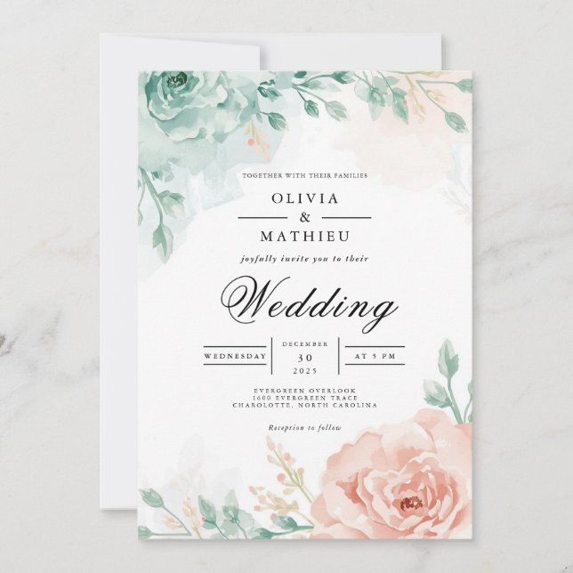 Teal- und Blush-Blumenbogen-Hochzeit Einladung (Vorderseite)