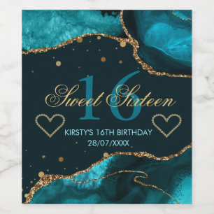 Teal- und Faux-Gold-Glitter-Achat-Sweet-16  Weinetikett