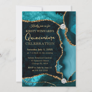 Teal- und Gold-Faux-Glitter-Achat-Quinceanera Einladung