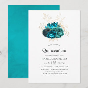 Teal und Gold Floral Quinceañera Einladung