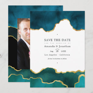 Teal und Gold-Geoden-Achat-Stein-Hochzeitsfoto Save The Date