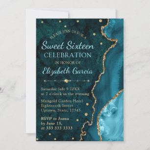 Teal- und Gold-Glitter-Achat und Marmor Sweet 16 Einladung