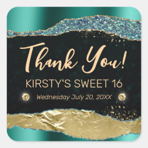 Teal und Gold Glitter Glam Tränen Sweet Sixteen Quadratischer Aufkleber