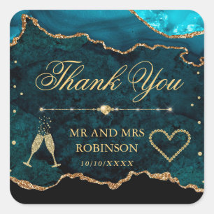 Teal- und Gold-Glitter-Marmor-Achat-Hochzeit Quadratischer Aufkleber
