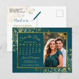Teal- und Gold-Hochzeit-Save-the-Date-Kalender und Ankündigungspostkarte
