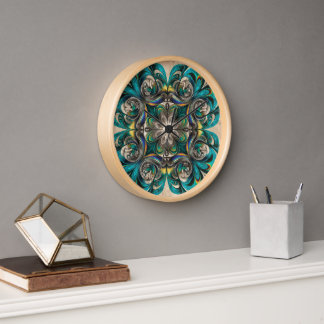 Teal- und Gold-Mandala-Wanduhr Uhr