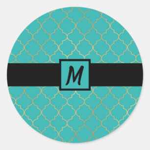 Teal- und Gold-Vierblatt-Monogramm-Party Runder Aufkleber
