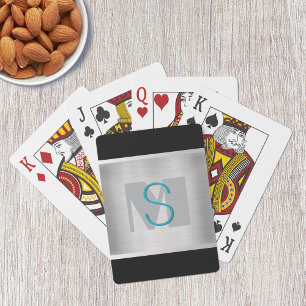 Teal- und Grau-Monogramm, gebürstetes Silber, Schw Spielkarten