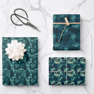Teal- und grüne abstrakte Malerei-Trio Geschenkpapier Set