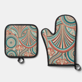 Teal und Koralle Nouveau-Fluss  Ofenhandschuh & Topflappen-Set