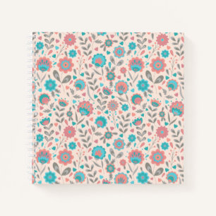 Teal- und Korallen-Volkskunst-Blumenmuster Notizbuch