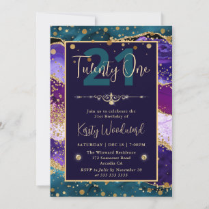 Teal- und Lila- und Gold-Glitter-Achat-Geburtstags Einladung