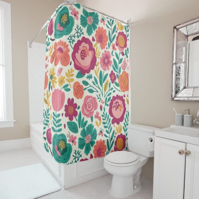 Teal und Magenta Folk Floral Duschvorhang (Beispiel)