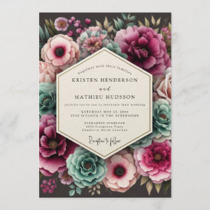 Teal- und Magenta-Üppige Florale Hochzeit Einladung