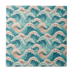 Teal- und Pfirsich-Japanisches-Ozeanwellen-Nahtlos Fliese