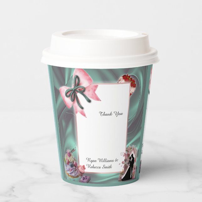 Teal- und Rosé-Hochzeitspapierbecher Pappbecher (Vorderseite)