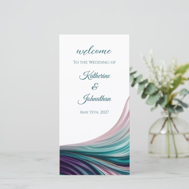 Teal- und Rosé-Seidene Hochzeitsprogramm (Stehend Vorderseite)