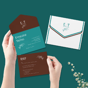 Teal und Schokolade einfache moderne Hochzeit All In One Einladung