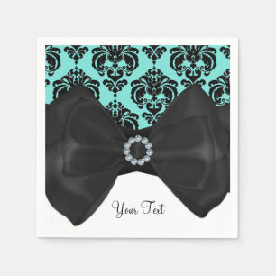 Teal- und schwarze Damast-Bling-Bow-Glam-Süßigkeit Serviette