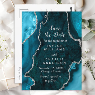 Teal und Silber Faux Glitter Achat Save The Date Postkarte