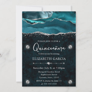 Teal- und Silber-Glitter-Achat-Quinceanera Einladung