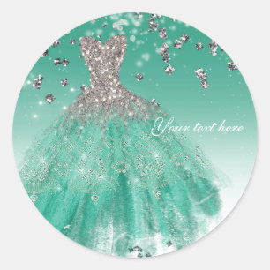 Teal- und Silber-Glitter-Glamour-Kleid Geburtstags Runder Aufkleber