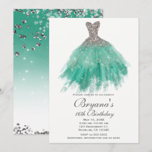 Teal- und Silber-Glitter-Glamour-Kleid Sweet 16-Pa Einladung