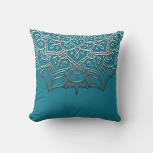 Teal- und Silber-Mandala Elegant Minimaler Marokka Kissen