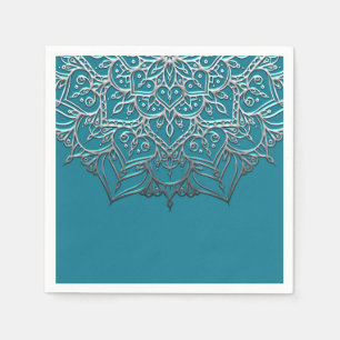 Teal- und Silber-Mandala Elegante Minimal-Hochzeit Serviette