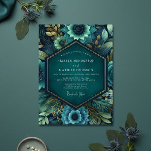 Teal Üppige Florale Romanze Hochzeit Einladung