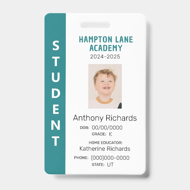 Teal Vertical Stripe Homeschool Student ID Badge Ausweis (Vorderseite)